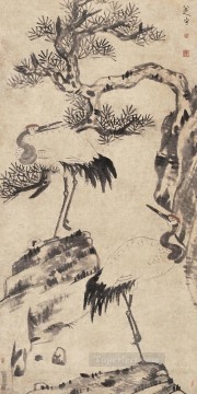  cranes Oil Painting - bada shanren pine and cranes traditional Chinese